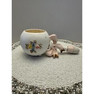 Vintage 50s Ceramic Baby Nursery Planter Rattle Pink Bow Napco JAPAN